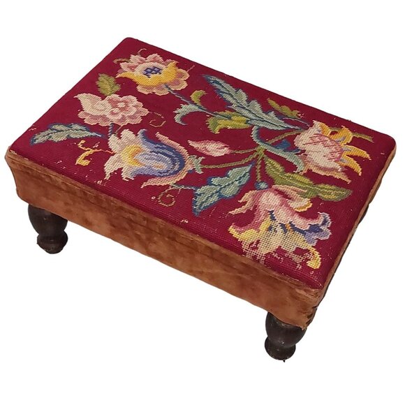 Vintage Floral Needlepoint Footstool with Velvet Sides & Solid Wood Legs 18"x12" - Picture 2 of 7